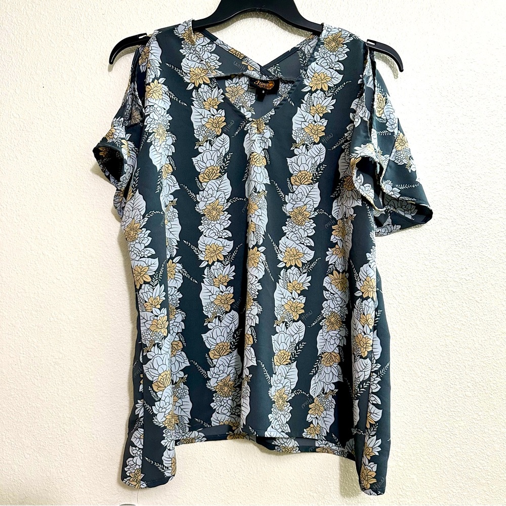 HINA Hawaiʻi Lei Ka’ala Floral Print Wai’olu Cold Shoulder Top Blouse Hawaiian